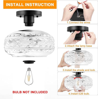 Semi Flush Mount Ceiling Light Fixture Black,Vintage Hallway Light Fixture Ceiling,Globe Glass Light Fixtures Ceiling Mount,Farmhouse Pendant Lamp for Kitchen Entryway Bathroom,Bulb Not Included