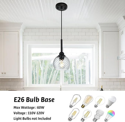 2 Pack Pendant Lights Kitchen Island with Clear Striped Swirl Globe Glass, Modern Hanging Light Fixtures Semi Flush Mount Stylish Black Pendant Lighting for Dining Room Hallway Bedroom Bar