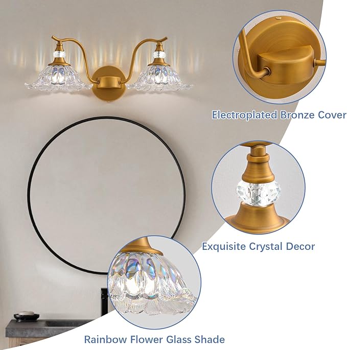 Vintage Bathroom Vanity Light Fixtures - 2 Light Iridescent Flower Glass Antique Brass Bathroom Lights Fixture Over Mirror,Retro Brushed Gold Bronze Wall-Mounted Vanity Lighting for Powder Room