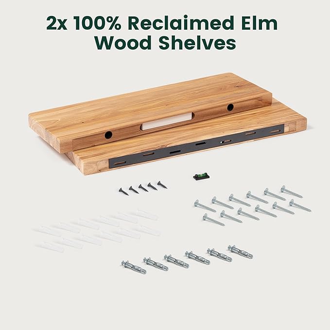 24 Inch Flat Edge Floating Shelves, 8 Inch Deep Solid Elm Wood Wall Shelf, Heavy-Duty Wall Mounted Shelf with Invisible Brackets for Living Room, Bathroom, Kitchen, Set of 2, Natural Color