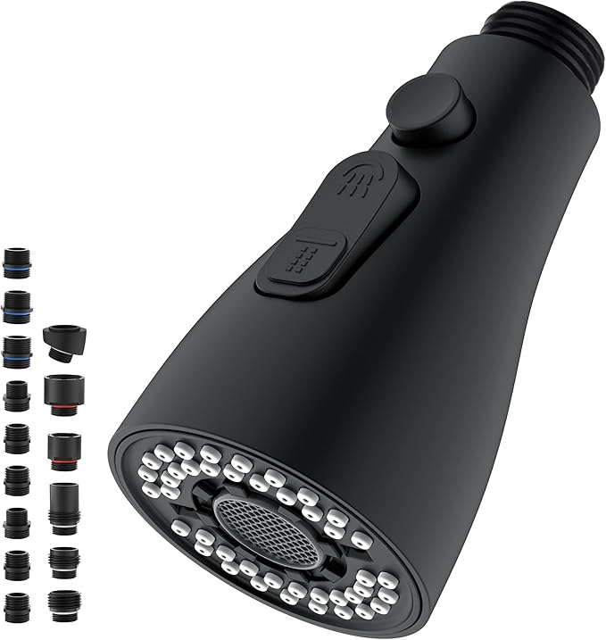 Metal Kitchen Faucet Head Replacement - with 15 Adapters, Pull Down Spray Head for Kitchen Faucet, 3 Function Sprayer Nozzle Stainless Steel, Matte Black