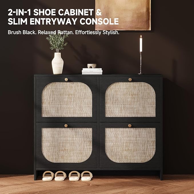 Nicetree Shoe Cabinet Storage for Entryway, Narrow Shoe Organizers with 4 Flip Drawers, Freestanding Large Shoe Rack with 3-Tier Adjustable Shelves for Hallway Entryway Foyer Black