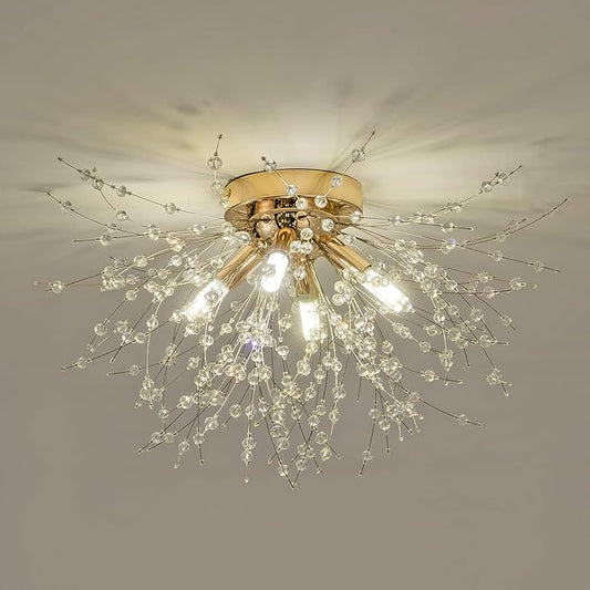 Modern Small Crystal Ceiling Light Fixture, 4-Light Gold Crystal Sputnik Firework Chandelier, Semi Flush Mount Ceiling Light Fixtures for Bedroom Kitchen Hallway Entryway Bathroom(H9.5'' x W17.7'')