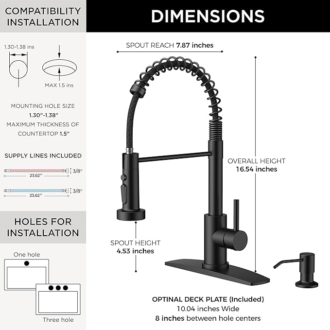FORIOUS Kitchen Faucet with Soap Dispenser, Black Stainless Steel Sink Faucet with Sprayer Single Handle, Commercial Modern Spring Faucet for Kitchen Sink, Bar & Prep Sink, Laundry RV Camper