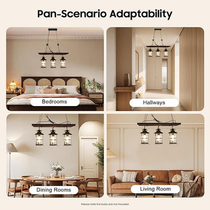 3 Lights Wood Vintage Chandelier, Industrial Farmhouse Island Light with Glass Lampshade, Height Adjustable Wooden Retro Chandelier Ceiling Hanging Light for Dining Room Cafe Bar Restaurant