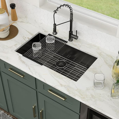 Logmey 32 Black Undermount Kitchen Sink - 32x18 Inch Kitchen Sink Stainless Steel Undermount Sink 16 Gauge Single Bowl Under Counter Kitchen Sink