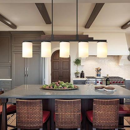 Farmhouse Wood Kitchen Island Lighting, 5-Light Adjustable Chandelier for Dining Room, Milk Glass Shade Dining Room Light Fixture Over Table, Black Hanging Pendant Lights for Kitchen, Pool Table