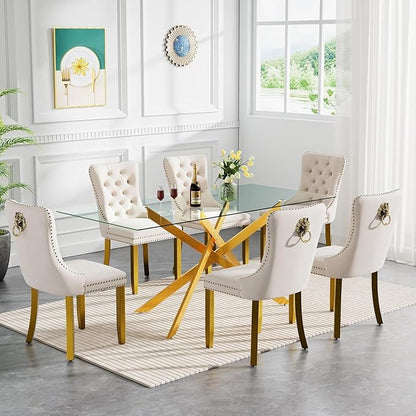 60" Rectangle Dining Table for 6 5 4 People, Modern Dining Table with Gold Chrome Metal X-Shaped Legs, Large Glass Kitchen Tables Family Dinner Tables for Home Office Living Room