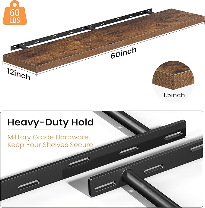 12 Inch Deep Floating Shelves, 60W x 12D Floating Shelf for Books, Rustic Wood Deep Wall Shelves for Home Storage & Display, 1.5" Thicked Shelves for Kitchen, Living Room, Bedroom, Brown, 1 Pack