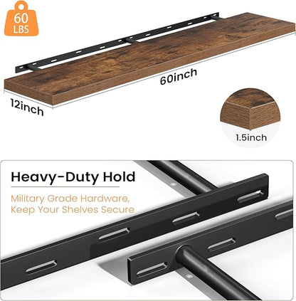12 Inch Deep Floating Shelves, 60W x 12D Floating Shelf for Books, Rustic Wood Deep Wall Shelves for Home Storage & Display, 1.5" Thicked Shelves for Kitchen, Living Room, Bedroom, Brown, 1 Pack