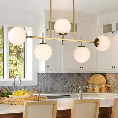 EDISLIVE Modern Milk Globe Chandelier 5-Light Glass Globe Pendant Light Fixture 39.4in E26 Linear Hanging Lighting for Kitchen Island Dinning Room Living Room Gold