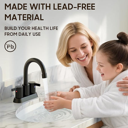 Phiestina 4 Inch 2 Handle Centerset Matte Black Lead-Free Modern Bathroom Faucet, 360 Swivel Spout 2-3 Hole RV Bathroom Vanity Sink Faucet with Pop Up Drain and Water Supply Lines,BF015-1-MB