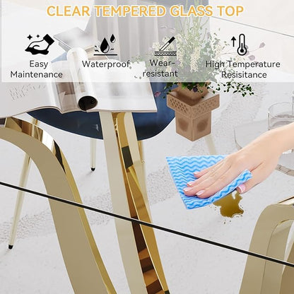 70inch Glass Dining Table for 4 6, Luxury Glass Kitchen Dining Room Table with Gold Mirrored Steel Base,Modern Large Rectangle Tempered Glass Top Dinner Tables for Kitchen, Dining Room