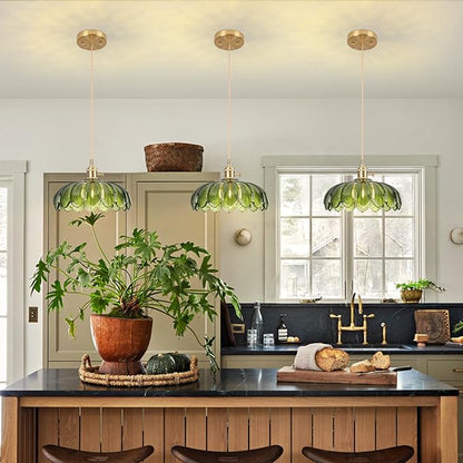 Pendant Lights Kitchen Island,Green Glass Vintage Light Fixtures,9.8inch E26 Adjustable Hanging Light Flower Finish Ceiling Hanging Lamp for Bedroom Living Room Hallway 1 Light