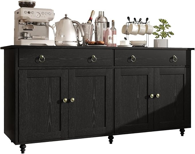 4 EVER WINNER Black Coffee Bar Cabinet, 55" Large Buffet Cabinet with Storage & Adjustable Shelves, Farmhouse Sideboard Buffet Cabinet with 2 Drawers and 4 Doors for Kitchen, Dining Room, Living Room