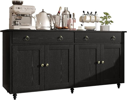 4 EVER WINNER Black Coffee Bar Cabinet, 55" Large Buffet Cabinet with Storage & Adjustable Shelves, Farmhouse Sideboard Buffet Cabinet with 2 Drawers and 4 Doors for Kitchen, Dining Room, Living Room