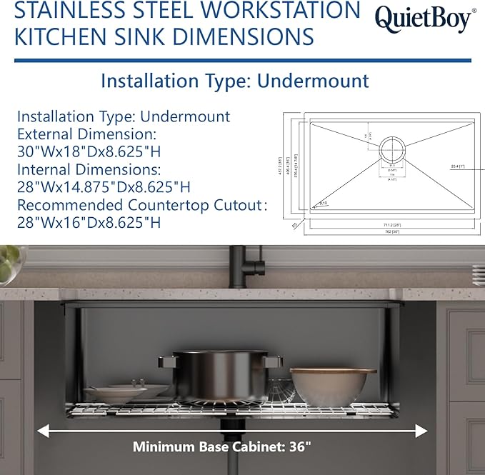30" Black Stainless Steel Workstation Kitchen Sink, Large Single Bowl Drop-In Undermount Farmhouse Sink (Black, 3018)