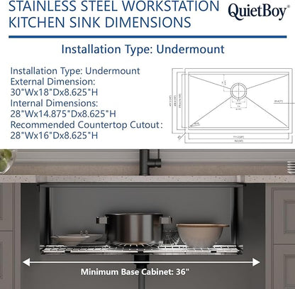 30" Black Stainless Steel Workstation Kitchen Sink, Large Single Bowl Drop-In Undermount Farmhouse Sink (Black, 3018)