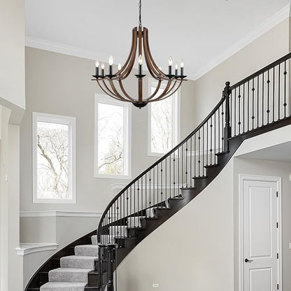 LAMPKEDUO Rustic Chandeliers for Dining Room Light Fixture, 10-Light 35" Adjustable Height Retro Faux Wood Texture Farmhouse Light Fixtures for Living Room Bedroom Foyer Entryway