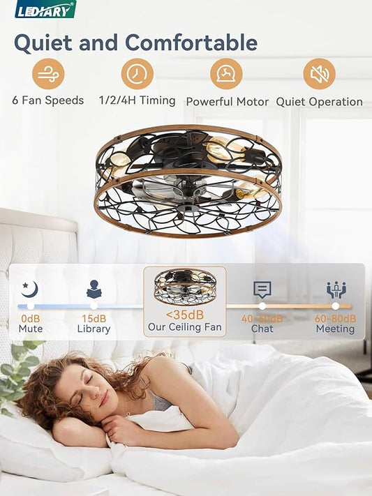 LEDIARY 20 Inch Caged Ceiling Fans with Lights, Farmhouse Flush Mount Ceiling Fan with Remote, Black&Walnut Low Profile Ceiling Fan Light Fixture for Bedroom, Kitchen, Dining Room