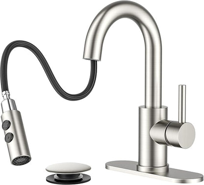 FORIOUS Bathroom Faucet 1 Hole with Pull Down Sprayer, 3 Hole Brushed Nickel Bathroom Sink Faucet with Pop Up Drain for RV Bar Laundry Vanity Utility Sink Remodel, Single Handle Design