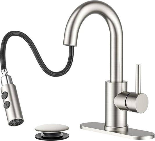 FORIOUS Bathroom Faucet 1 Hole with Pull Down Sprayer, 3 Hole Brushed Nickel Bathroom Sink Faucet with Pop Up Drain for RV Bar Laundry Vanity Utility Sink Remodel, Single Handle Design