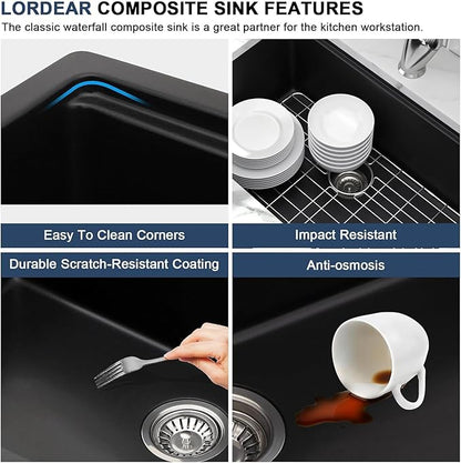 Lordear 30 Black Undermount Kitchen Sink Granite Composite 30X19 Inch Undermount Workstation Sinks Quartz Black Deep Single Bowl Sink