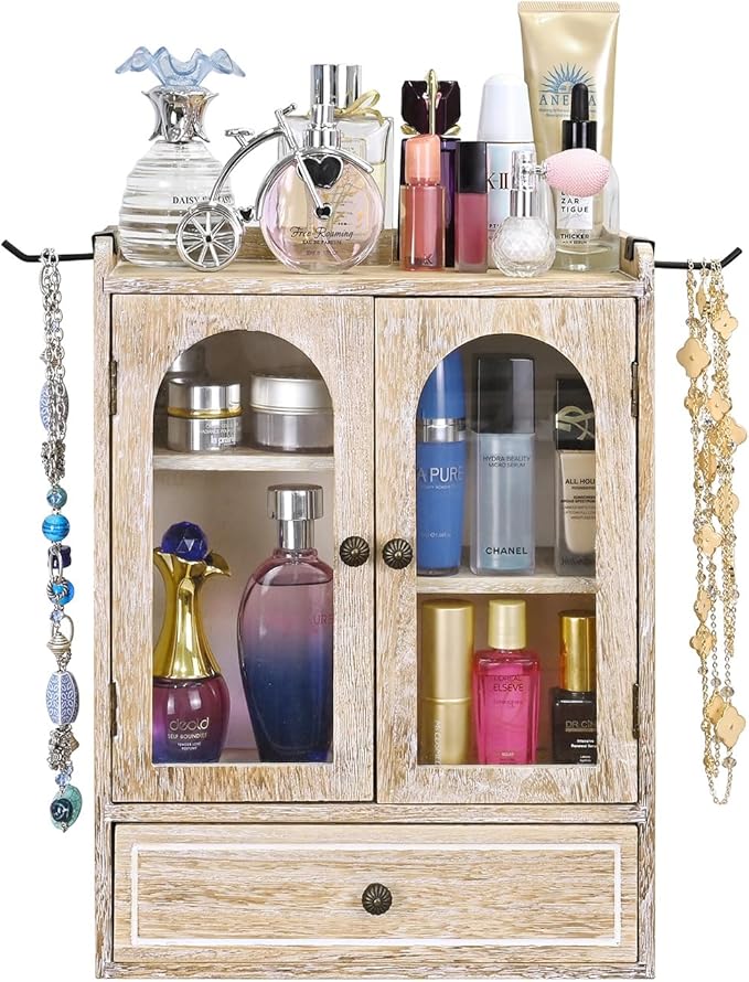 Ikee Design Wooden Countertop Storage Cabinet with Magnetic Door, Adjustable Shelves, Removable Hooks and Drawer for Perfume, Makeup, Pantry, Vintage White, 12.2 W x 6 D x 15.7 H in