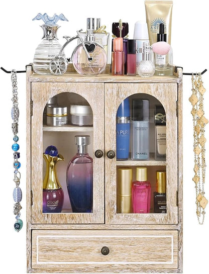 Ikee Design Wooden Countertop Storage Cabinet with Magnetic Door, Adjustable Shelves, Removable Hooks and Drawer for Perfume, Makeup, Pantry, Vintage White, 12.2 W x 6 D x 15.7 H in