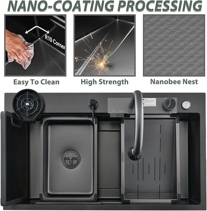 Black Kitchen Sink with bottom screen, 33 Inch Nano Stainless Steel Waterfall, Countertop Workstation Single Sink Set & Accessories, for Countertop, Kitchen, Bar (BLACK, 33IN)