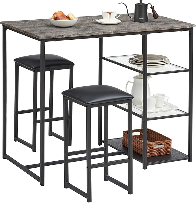 VECELO Dining Table Set for 2 with 3 Storage Shelves,Counter Height Kitchen Table and Chairs with Pu Cushion Chairs & Wood Top for Small Space,Dining Room,Apartment，Light Gray
