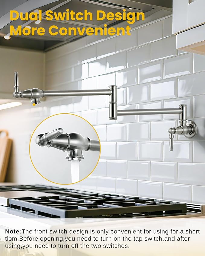 Pot Filler Faucet Brushed Nickel: Solid Brass Wall Mount Heavy Duty Stove Pot Filler with Double Joint Swing Arms - Single Hole Commercial Folding Stretchable Faucet 2 Handles for Kitchen Restaurant