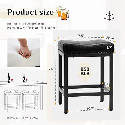 Sweetcrispy 24 inch Bar Stools Set of 6, Upholstered Modern Counter Height Bar Stools for Kitchen Island Modern PU Leather Sadless Stools Chair with Metal Base and Footrest,Black