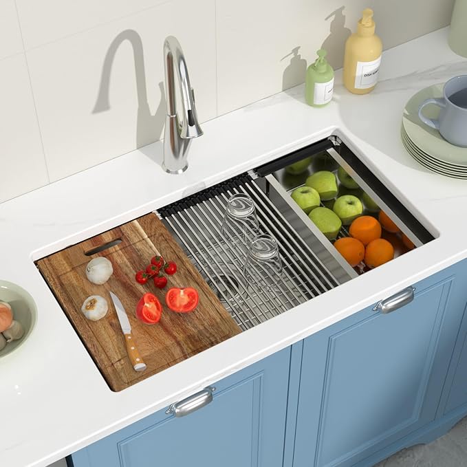 33 Inch Undermount Kitchen Sink 33x18 Inch Workstation Undermount Sink Stainless Steel 16 Gauge 8 In Deep Single Bowl Under Counter with Accessories