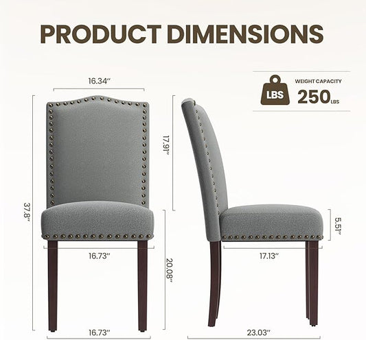 MALOL Dining Chairs Set of 6, Upholstered Soft Comfortable Parsons Chairs with High-Density Cushion, Solid Wood Legs & Nailhead Details for Dining Room, Kitchen, Living Room – Grey