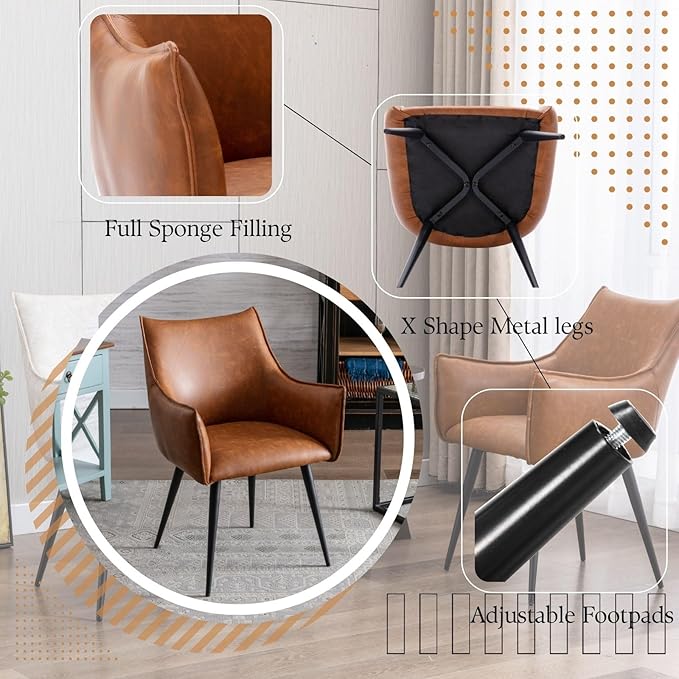 Brown PU Leather Chair, Upholstered Dining Room Chairs with Arms Set of 2 Mid Century Modern Kitchen Chair with Black Metal Legs Comfy Desk Armchair for Restaurant
