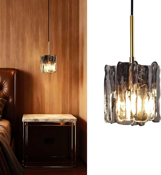 Modern Vintage Mid-Century Single Pendant Light, Mini Hanging Smoked Ice-Textured Glass Ceiling Light Fixture for Kitchen Island Lighting Over Dining Room, Bedroom, Bar Lamp