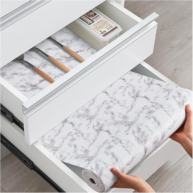 Drawer and Shelf Liner, Non-Slip Kitchen Cabinet Liners Non-Adhesive Thick Strong Grip Waterproof Washable Mats Protect Dresser Shelves Cupboard Bathroom Cabinets, White Marble, 18 in X 30 FT