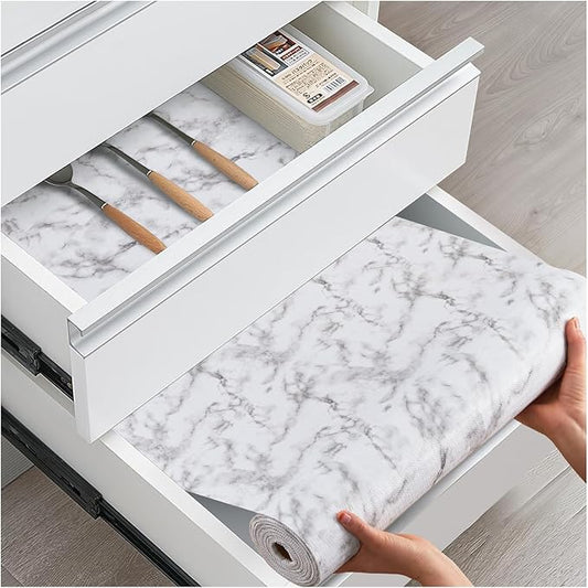 Drawer and Shelf Liner, Non-Slip Kitchen Cabinet Liners Non-Adhesive Thick Strong Grip Waterproof Washable Mats Protect Dresser Shelves Cupboard Bathroom Cabinets, White Marble, 24 in X 10 FT