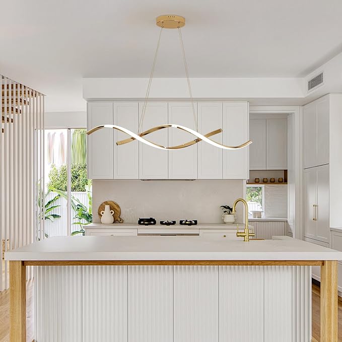 Dimmable Gold Chandelier for Dining Room, Adjustable Height Pendant Light Fixtures Over Table, Modern Kitchen Island Lighting, 35.4in 21W (Gold 35.4“)