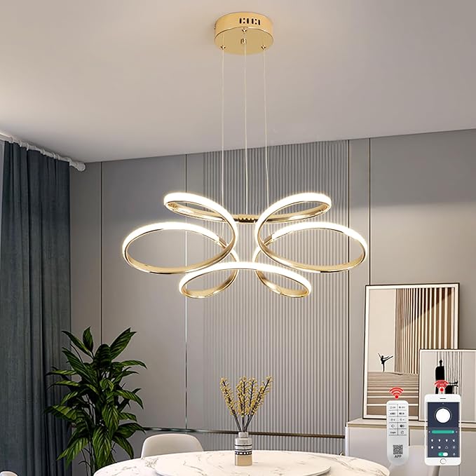 23 inch Modern Chandelier for Dining Room, Kitchen Chandelier & Entryway, Dimmable LED Pendant Light with Adjustable Height, 32W for Hallway, Living Room, Bedroom (Gold M)