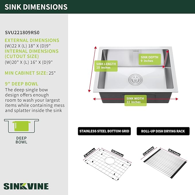 22-Inch Undermount Kitchen Sink, SINKVINE 22" x 18" Stainless Steel Bar Sink Single Bowl Outdoor, Handmade Laundry Basin with 3.5-inch Drain Strainer, Bottom Grid Protector, and Roll-up Drying Unit