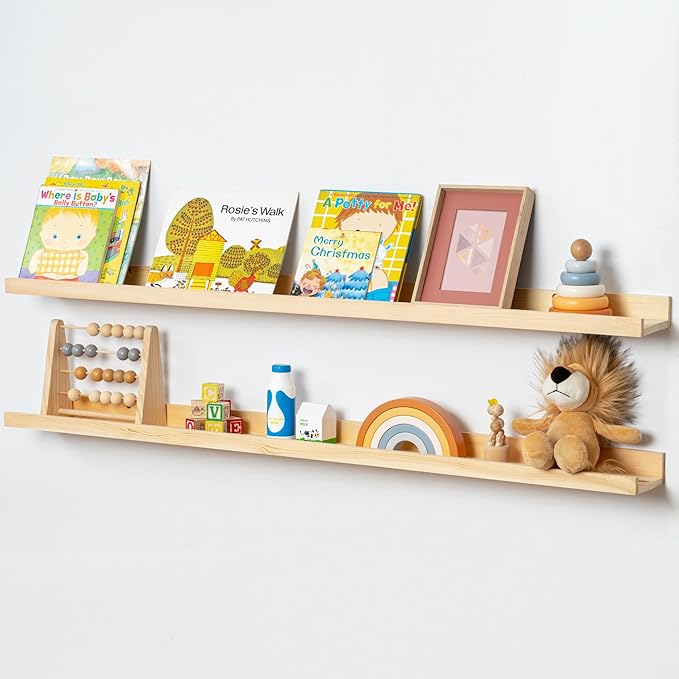 FLYJOE Picture Ledge Shelf, Floating Shelves Set of 2, Solid Ash Wood 48'' Long Large Nursery Book Shelves for Toys Storage, Kids Bookshelf for Living Room Bedroom Decor Books Photo Frames, Natural