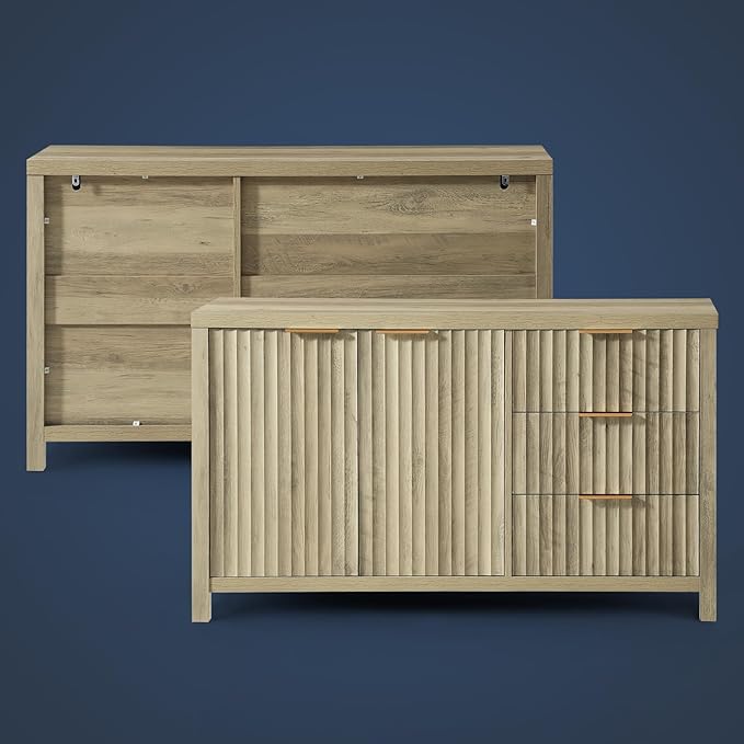 Oakham Home Buffet Cabinet with Storage Fluted Sideboard with 2 Doors 3 Drawers Modern Credenza Accent Cabinets for Living Room Kitchen Hallway,Adjustable Shelves (Natural)