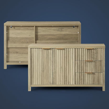 Oakham Home Buffet Cabinet with Storage Fluted Sideboard with 2 Doors 3 Drawers Modern Credenza Accent Cabinets for Living Room Kitchen Hallway,Adjustable Shelves (Natural)