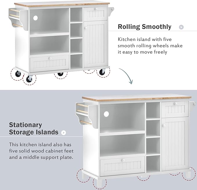 Kitchen Island Cart with Storage Cabinet and Two Locking Wheels, Microwave Cabinet, Solid Wood Desktop, Floor Standing Buffet Server Sideboard for Kitchen Room, Dining Room, Bathroom (White-JZP1)