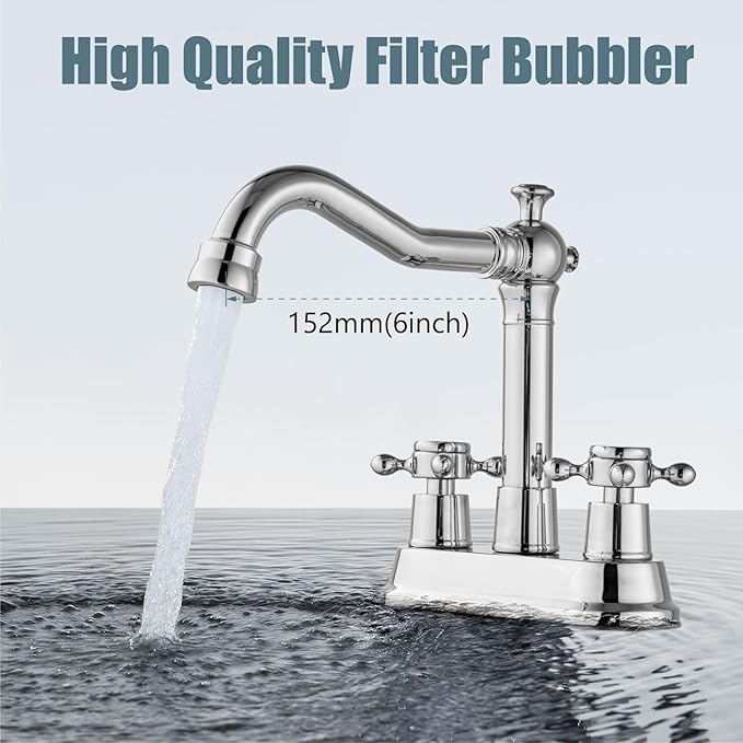 Aolemi 4 Inch Centerset Bathroom Sink Faucet Vintage 2 Cross Handle RV Mixer Tap Basin Vanity Lavatory Utility for Sink 3 Hole Include Hoses Pop Up Drain Faucet Handle Without Label Polish Chrome