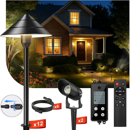 Low Voltage Landscape Lighting, 14-Pack Aluminum Path Lights with 72W Controller, 12 Pathway Lights+2 Spotlights, 140FT, 3000K, IP65 Waterproof, Timer & Remote, Plug and Play, 3-Year Warranty