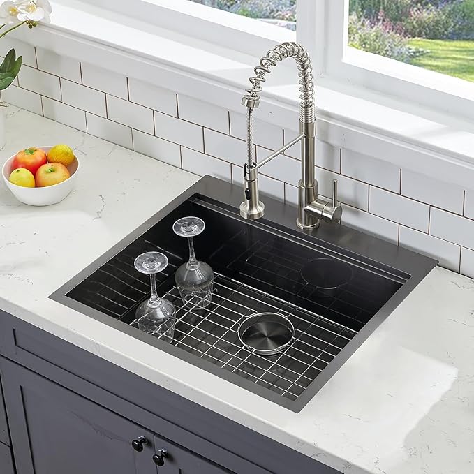 SHACO 25x22 Black Drop In Kitchen Sink, 25 Inch Topmount Stainless Steel Workstation Sink, Single Bowl Bar Prep RV Laundry Small Kitchen Sink with Cutting Board