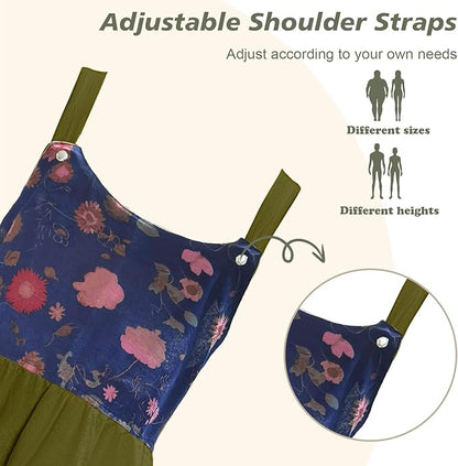 Cityelf Vintage Pinafore Apron Dress Snap Adjust Linen Cotton with Pockets Floral Aprons for Cooking Gardening